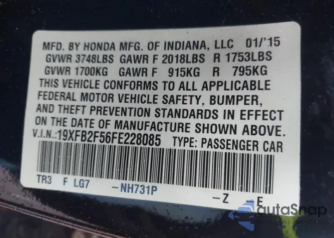 2015 Honda Civic Lx from USA, damaged, VIN 19XFB2F56FE228085